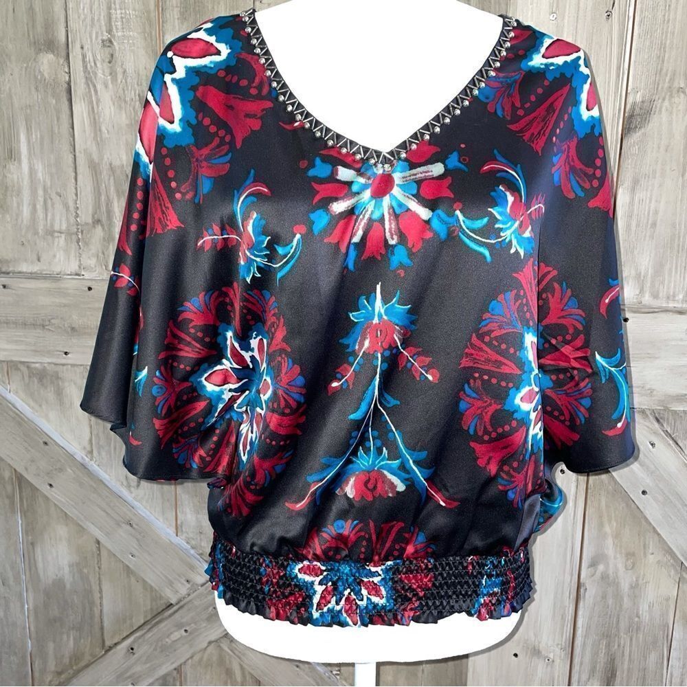 Rampage Floral Satin Beaded Studded Back Cut-Out Blouse